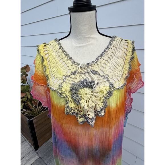 Multicolor Kaftan Knit Beach Coverup Hand Died Midi Dress Hobo Boho Artsy Large - Picture 6 of 7